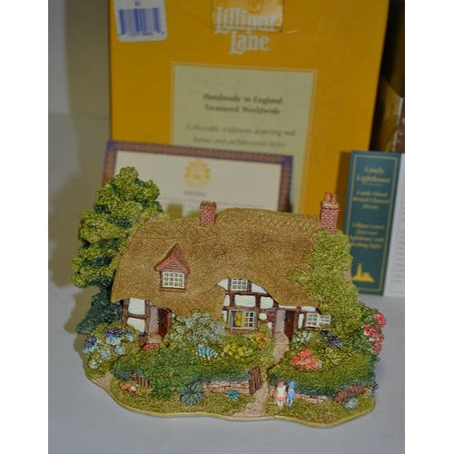 1051 - Boxed Liliput Lane x2 - Lundy Lighthouse Illuminated Model + Meadow Sweet Cottage