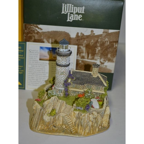 1051 - Boxed Liliput Lane x2 - Lundy Lighthouse Illuminated Model + Meadow Sweet Cottage