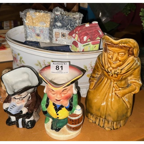 81 - Equestrain Staffordshire Planter + Trio Of Toby Jugs Etc