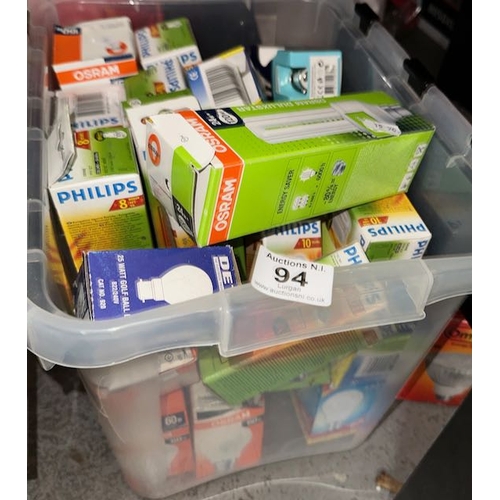 94 - Plastic Tub Of Assorted Light Bulbs Incl Energy Saver Etc
