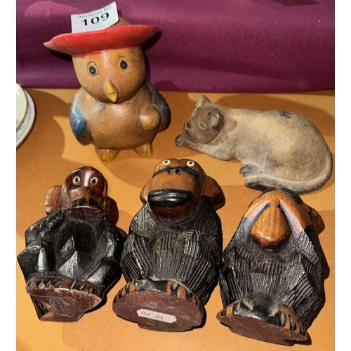 109 - See No Evil, Hear No Evil, Speak No Evil Carved Monkeys + 2 Others