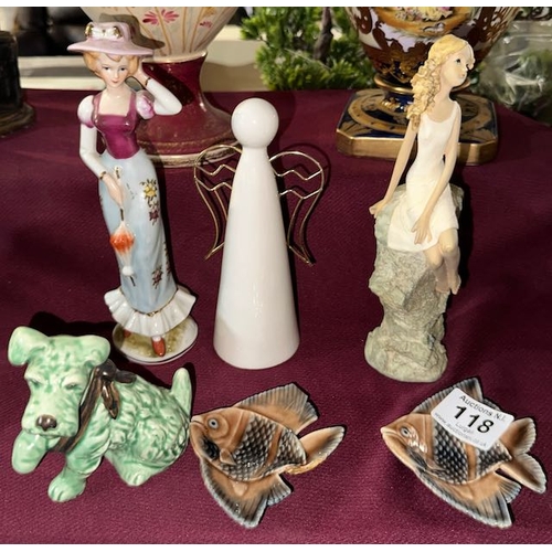 118 - Pair of Wade Fish Dishes + Sylvac Dog + 3 Figurines