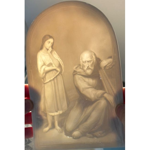 409 - Belleek Lithophane - Child & Old Man with Harp - Not Stamped