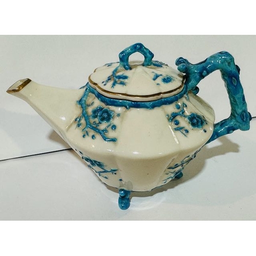 410 - Belleek Blue Thorne Teapot with First Stamp Etched