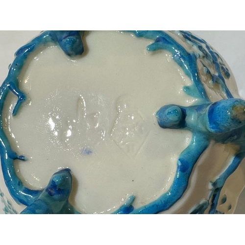 410 - Belleek Blue Thorne Teapot with First Stamp Etched