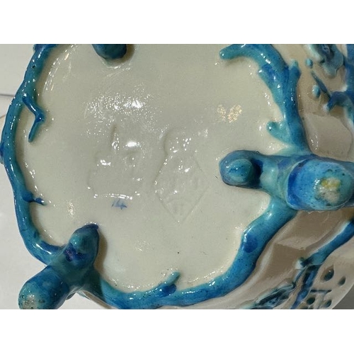 410 - Belleek Blue Thorne Teapot with First Stamp Etched