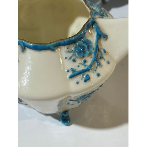 410 - Belleek Blue Thorne Teapot with First Stamp Etched