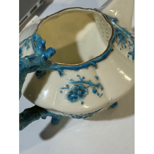410 - Belleek Blue Thorne Teapot with First Stamp Etched