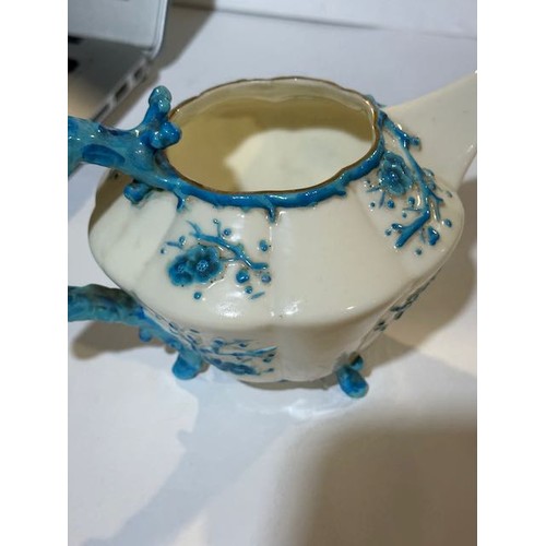 410 - Belleek Blue Thorne Teapot with First Stamp Etched