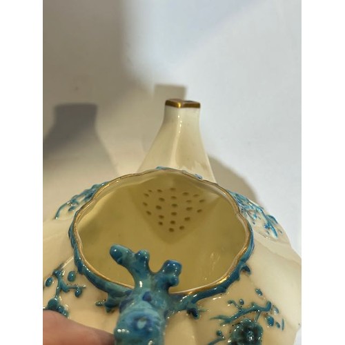 410 - Belleek Blue Thorne Teapot with First Stamp Etched