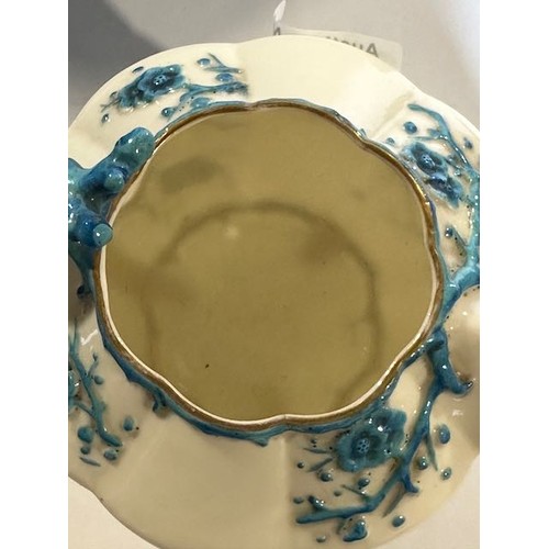 410 - Belleek Blue Thorne Teapot with First Stamp Etched