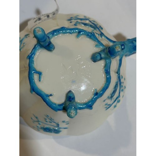 410 - Belleek Blue Thorne Teapot with First Stamp Etched