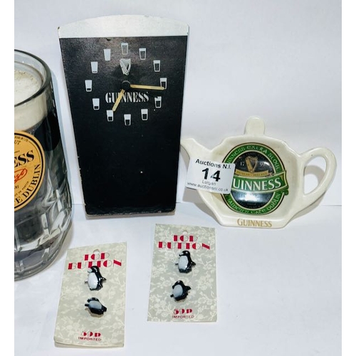 14 - Decorative Guinness Pint Tankard + Wooden Guinness Pint Wall Clock + Teapot Tea Bag Holder  + 2 Prs ... 