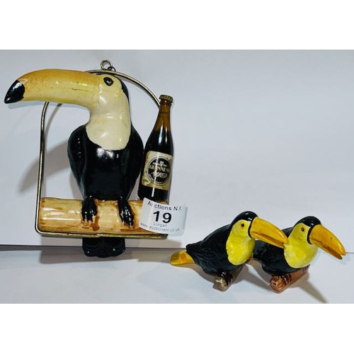 19 - Ceramic Guinness Toucan On Swing with Miniature Guinness Bottle + Luber Toucan Cruet Set