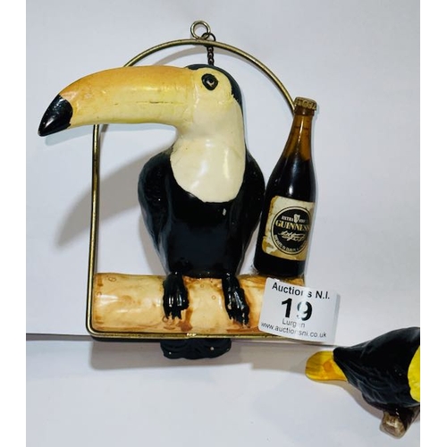 19 - Ceramic Guinness Toucan On Swing with Miniature Guinness Bottle + Luber Toucan Cruet Set