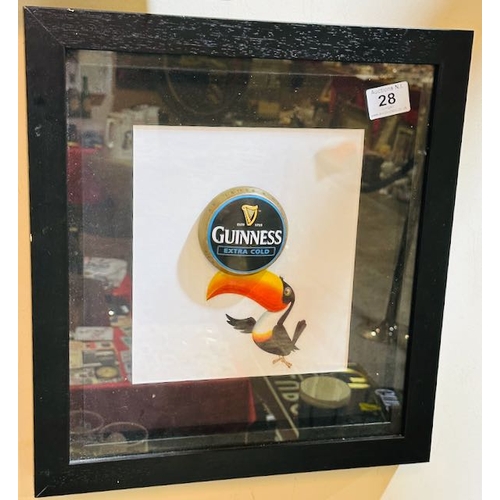 28 - Box Framed Guinness Extra Cold Beer Tap Button On Toucan Print - Approx 15