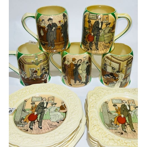 148 - Crown Ducal CMM 1932 (Bob Dean) Scened Plate Set Of 5 x 2   With Set Of 5 Matching Tankards C1937 + ... 