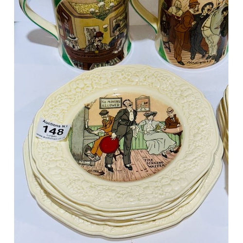 148 - Crown Ducal CMM 1932 (Bob Dean) Scened Plate Set Of 5 x 2   With Set Of 5 Matching Tankards C1937 + ... 