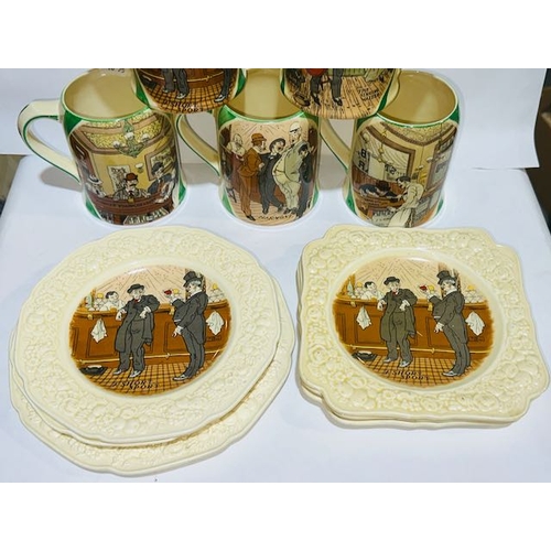 148 - Crown Ducal CMM 1932 (Bob Dean) Scened Plate Set Of 5 x 2   With Set Of 5 Matching Tankards C1937 + ... 