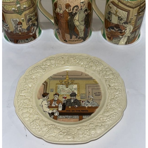 148 - Crown Ducal CMM 1932 (Bob Dean) Scened Plate Set Of 5 x 2   With Set Of 5 Matching Tankards C1937 + ... 