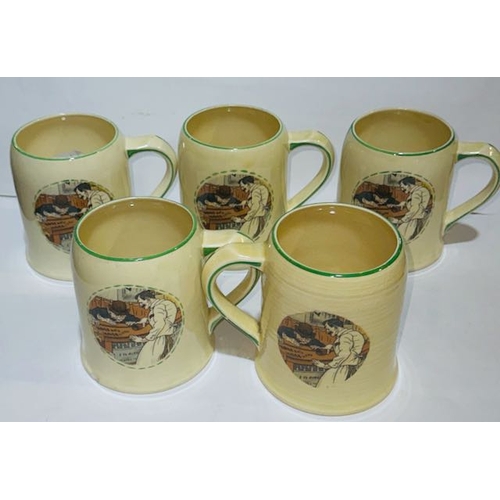 148 - Crown Ducal CMM 1932 (Bob Dean) Scened Plate Set Of 5 x 2   With Set Of 5 Matching Tankards C1937 + ... 