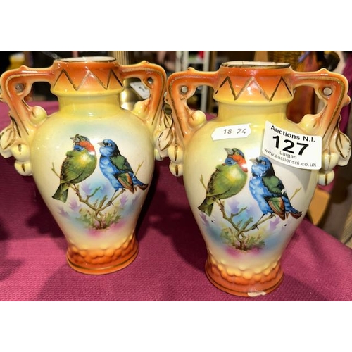 127 - Pair of Antique Handled Bird Detail Vases with H Marked on Base