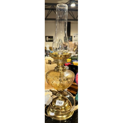 142 - Brass Converted Oil Lamp with Amber Style Well
