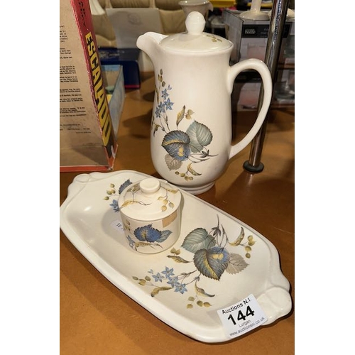 144 - Sylvac Teapot + Platter + Axe Vale Pottery Preserve Pot
