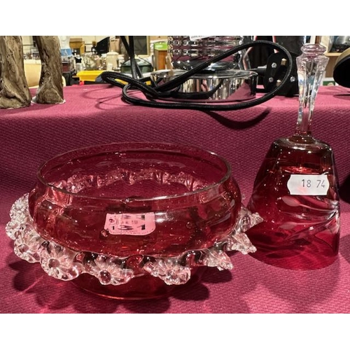 131 - Pair of Vintage Cranberry Glass Pieces (Bowl Slight Chip/Crack)