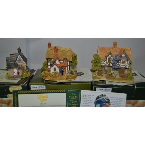 1130 - Boxed Lilliput Lane x6 - The BEach Hut, The Umbrella House, Gatekeepers Lodge, School Friends, Lilli... 