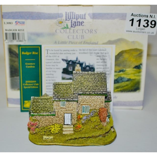 1139 - Boxed Lilliput Lane - Collectors Club 2008/09 Badger Rise with Deeds