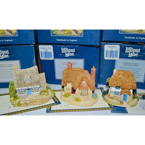1160 - Boxed Lilliput Lane - x 6 Sweet Pea Cot, Campanula Cottage, Wash Day, Bumble Bee Cottage, Purbeck St... 