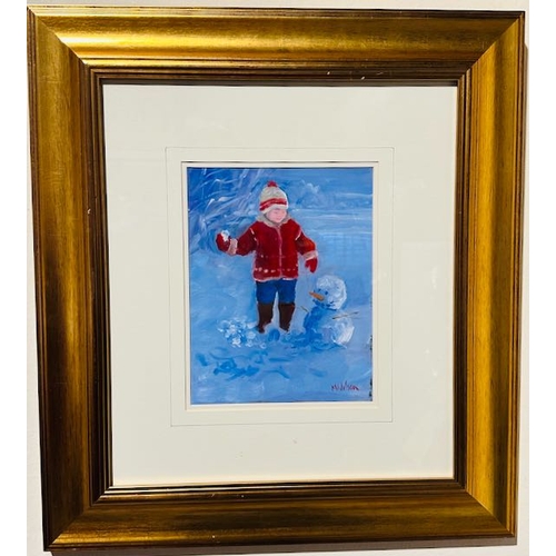 974 - Building a Snowman Oil by Marie Wilson in Gold Glazed Frame - Appx 20x23