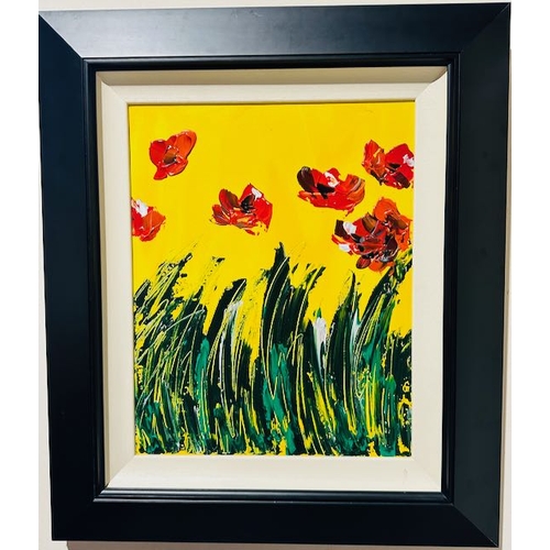 975 - Red Poppies Oil on Canvas by Mark Karow in Quality Black Mounted Frame - Appx 25x30