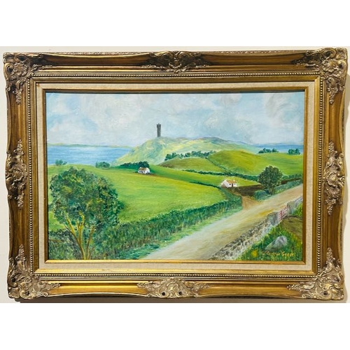 979 - Large Oil on Board - Scrabo Tower by J Coulter Greer in Gilt Frame - Appx 39x29