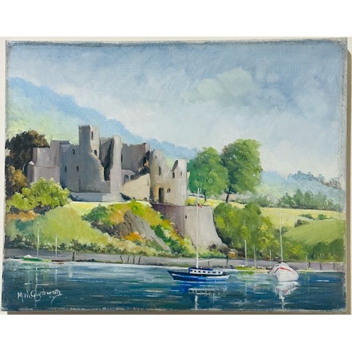 983 - M W Gaythwaite Oil on Canvas - Castle at the Lake Scene - Appx 20x16