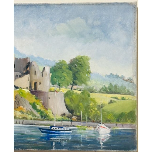983 - M W Gaythwaite Oil on Canvas - Castle at the Lake Scene - Appx 20x16