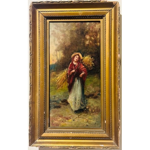 984 - Antique Framed Oil On Board, Lady harvesting, By John A MCColvin (1864-1920) Framed 21