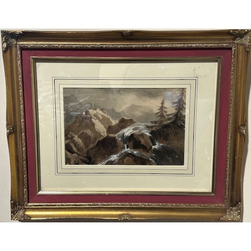 985 - Gilt framed Watercolour, Mountain, Waterfall Scene, By Herbert Chipp N.W.S. +S.S. Circa 1870. Framed... 