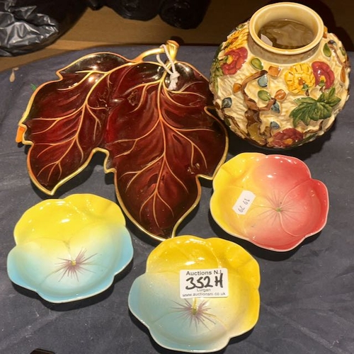 352H - Indian Tree Vase, Carlton Ware Leaf Dish + 3x Floral Dishes