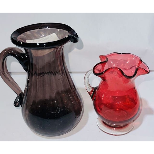 412 - Vintage Aubergine Glass Jug + Cranberry Glass Jug