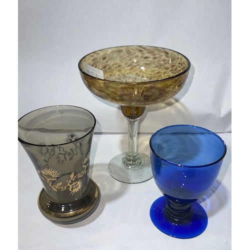 421 - Vintage Coloured Glass Piece x3 - Dapple Glass Centrepiece, Gilted Vase + Blue Glass Cup