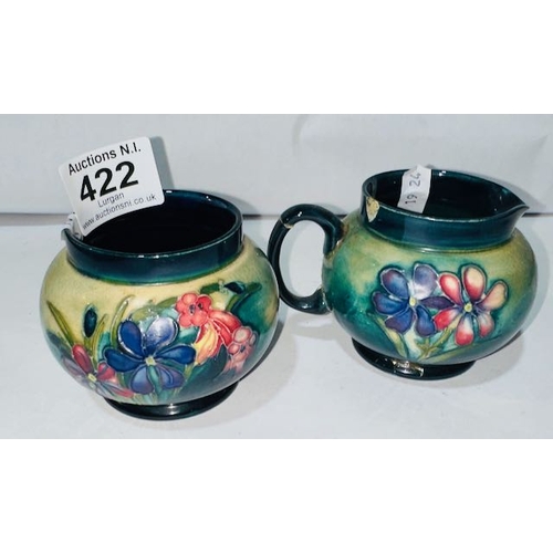 422 - William Moorcroft Sugar Bowl + Jug (with Repair)