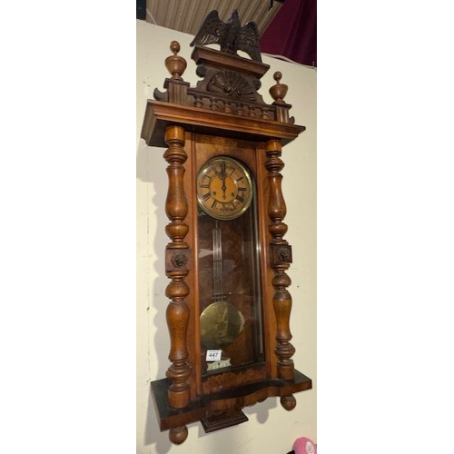 447 - Antique Kenzle Uhrun Spring Driven Vienna Wall Clock With Lions Head & Eagle Detail With Key