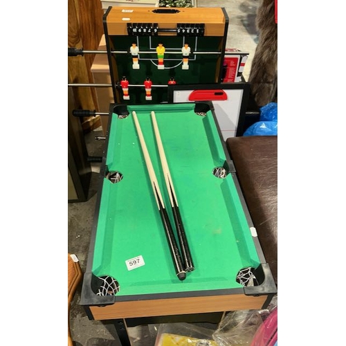 597 - Kids Pool Table With Cues/Accessories + Football Table Top + Air Hockey Table Top