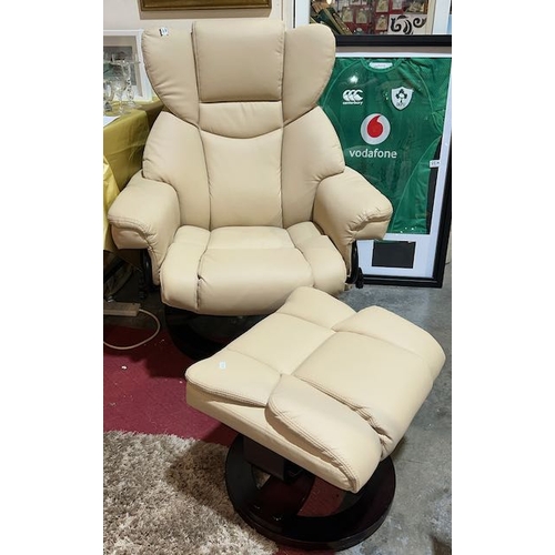 430 - Cream Leather Swivel Reclining Armchair with Footstool - As New