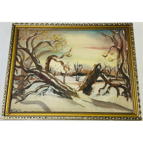 1020 - Framed Oil On Board, Trees In The Snow, By Elizabeth Gaye Sterritt, B.A. A.T.D. 17
