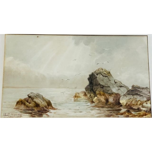 998 - Framed Watercolour Rocks And Gulls Scene By AM Hanna, 21
