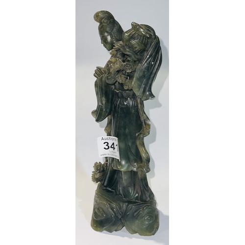 341 - Carved Green Jade Statue on Carved Plinth - Lady