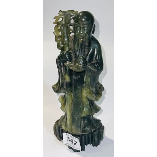 342 - Carved Green Jade Statue on Carved Plinth - Man with Carved Stick